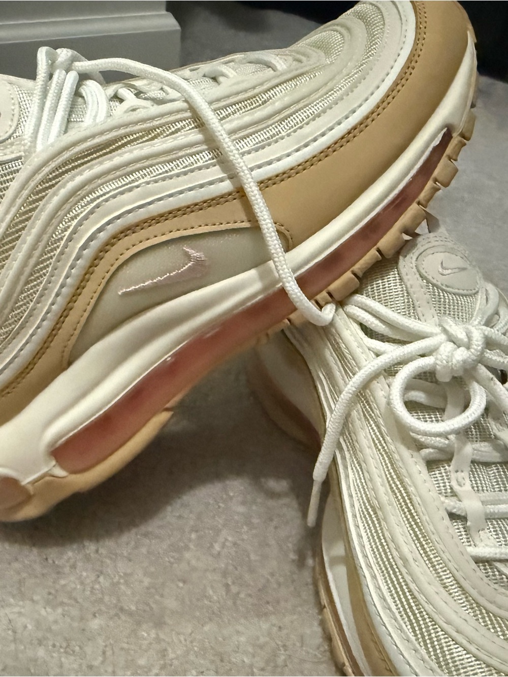 Nike Women’s Air Max 97 in Cream and Tan with Pink Tint
